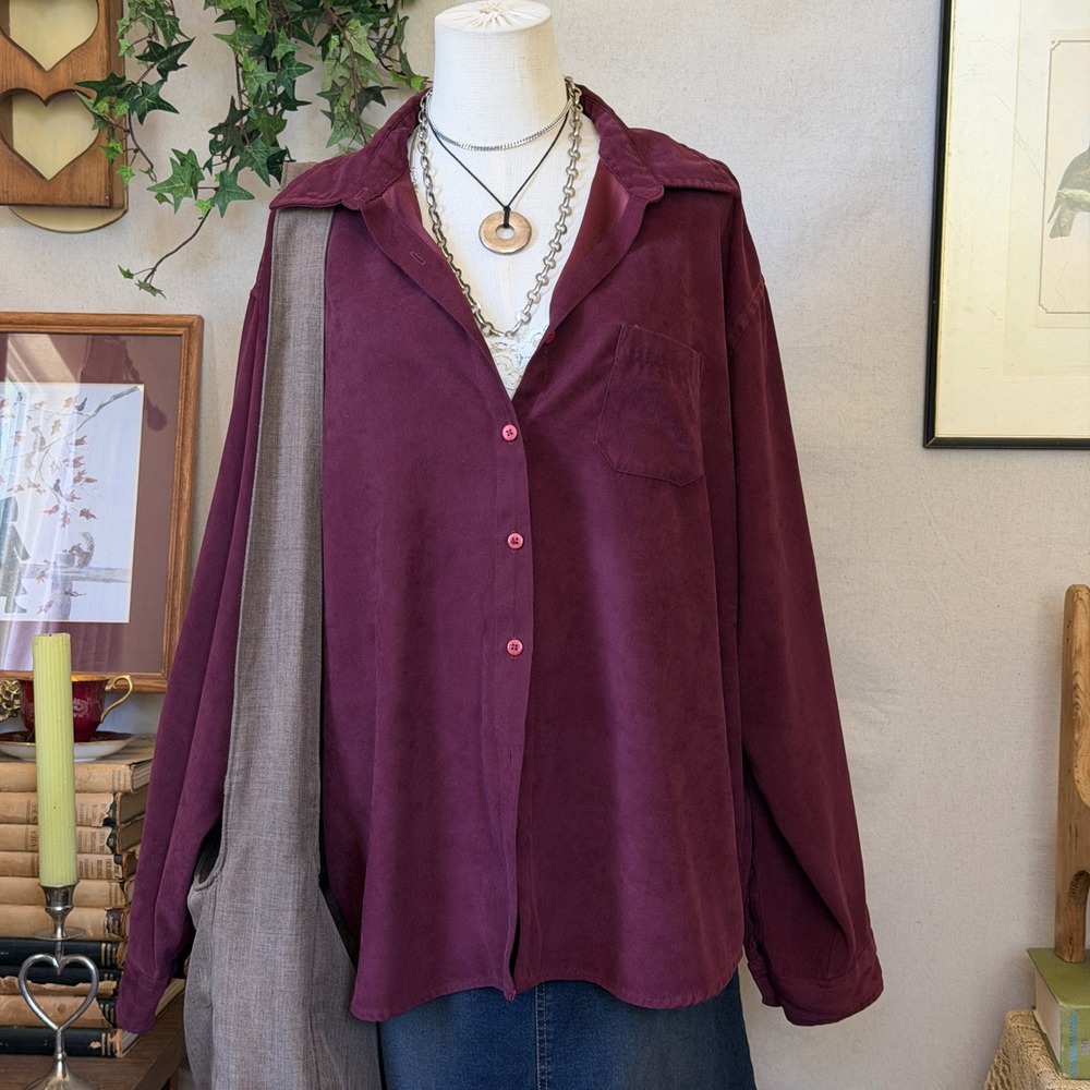 Burgundy Solid Faux Suede Shirt Oversized Whimsygoth XL Layering Indie Grunge